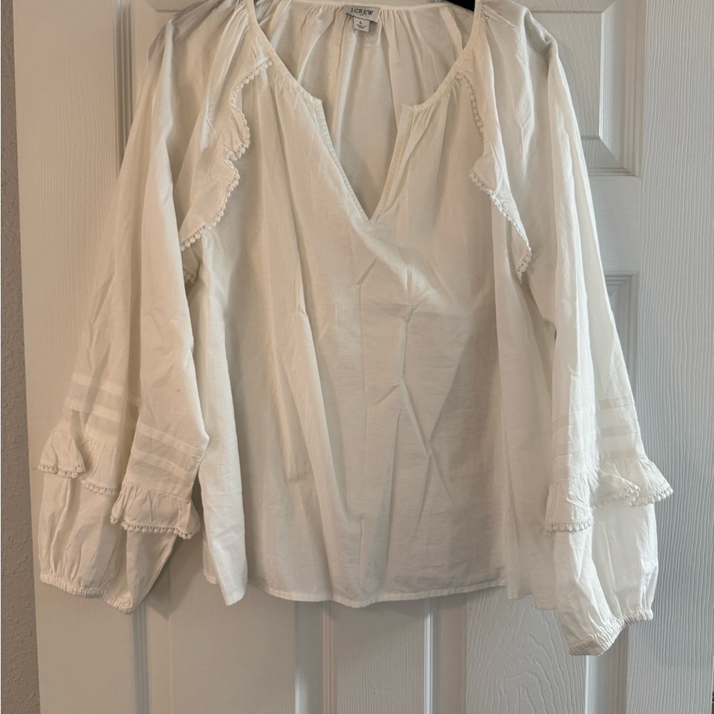 J. Crew White Ruffled Long Sleeve Blouse